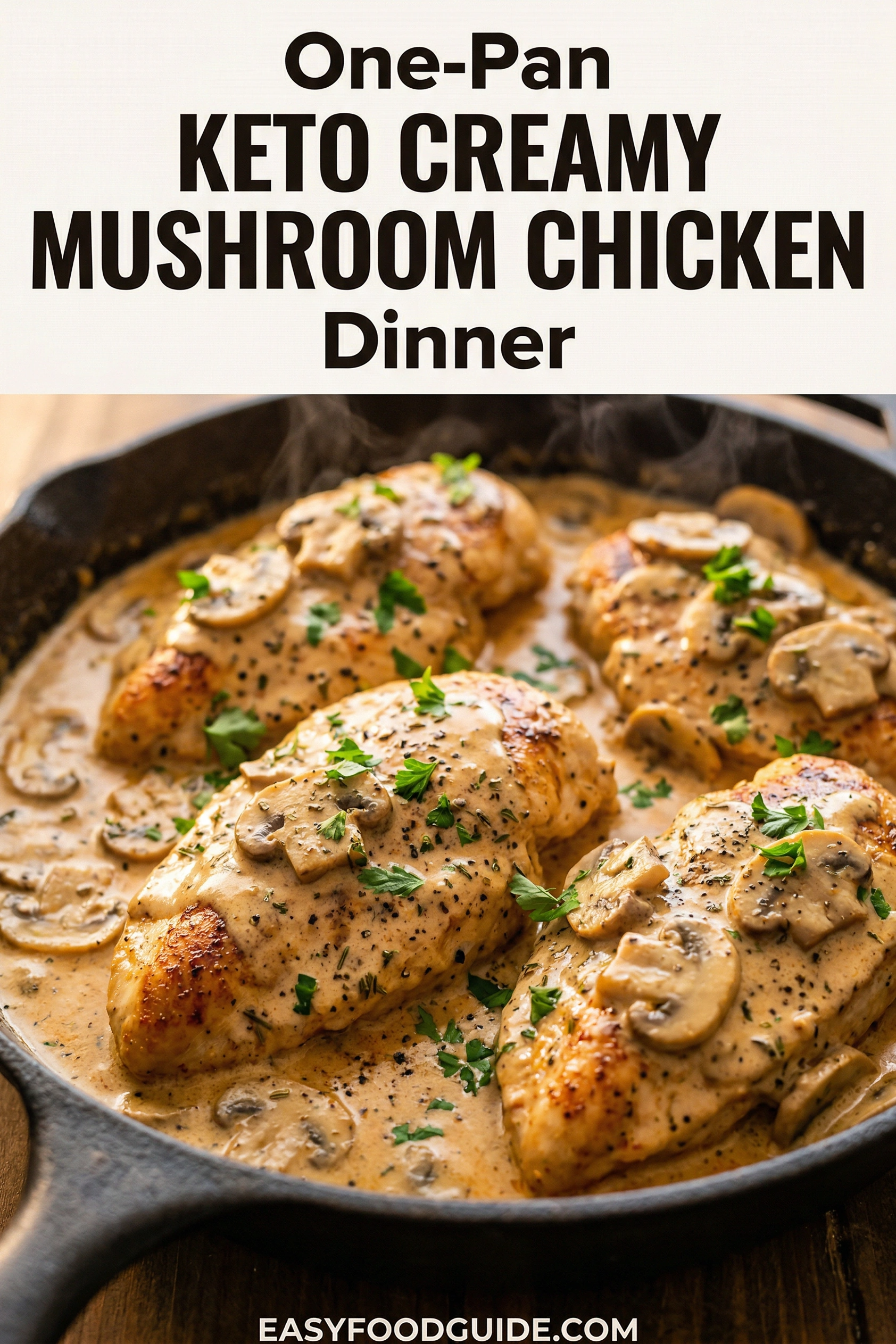 a cast iron skillet filled with four golden-brown chicken breasts covered in a rich, creamy mushroom sauce. Sliced mushrooms and fresh chopped parsley garnish the dish. Steam rises from the hot pan, which is set on a rustic wooden table. Large black text above the skillet reads "One-Pan KETO CREAMY MUSHROOM CHICKEN Dinner," and a small URL, "EASYFOODGUIDE.COM," is at the very bottom center.
