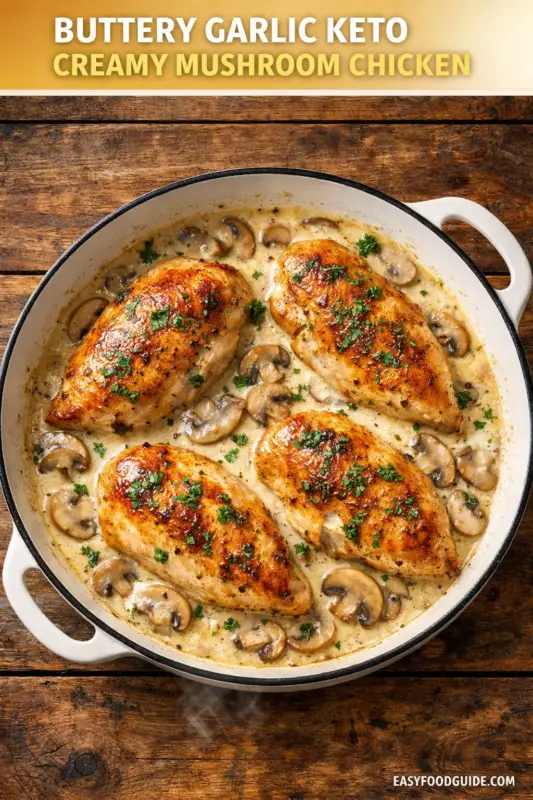 An overhead photograph shows a white cast-iron skillet holding four seared chicken breasts in a creamy, garlicky mushroom sauce, sprinkled with fresh parsley. The skillet sits on a dark wood table with steam rising. A banner at the top reads: BUTTERY GARLIC KETO CREAMY MUSHROOM CHICKEN. The website EASYFOODGUIDE.COM is in the bottom corner.