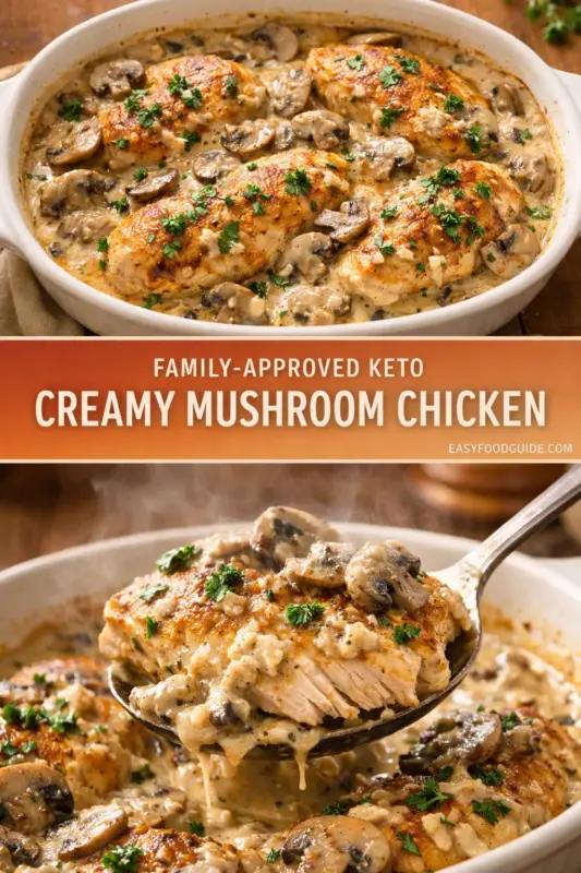 A composite food image with an orange banner reading: FAMILY-APPROVED KETO CREAMY MUSHROOM CHICKEN. The top panel shows a white casserole dish filled with seared chicken breasts in a creamy mushroom and garlic sauce, garnished with parsley. The bottom panel is a close-up detail shot of a serving spoon lifting a steaming cut piece of chicken with ample sauce and mushrooms from the same dish, showcasing the tender interior.