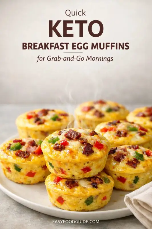 Plate of steaming keto breakfast egg muffins with scattered bacon and bell peppers. Text reads “Quick Keto Breakfast Egg Muffins for Grab-and-Go Mornings.”
