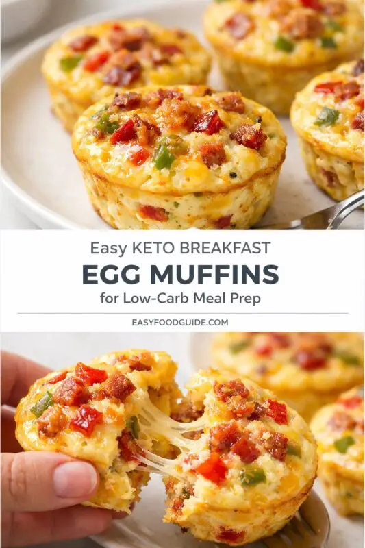 Plate of keto egg muffins with bacon, peppers, and cheese, capturing a golden, savory look. A hand splits one muffin, revealing melted cheese. Text: "Easy Keto Breakfast Egg Muffins for Low-Carb Meal Prep."