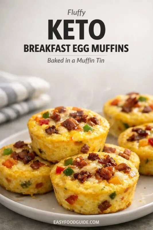 A plate of fluffy keto breakfast egg muffins with diced vegetables and bacon on top. Text above describes them as baked in a muffin tin. A striped cloth napkin is blurred in the background.
