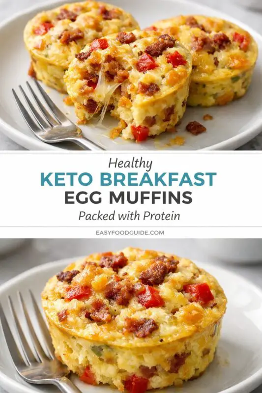Three savory keto breakfast egg muffins on a white plate, filled with cheese, red bell peppers, and sausage. Fork beside them; text overlay reads "Healthy Keto Breakfast Egg Muffins Packed with Protein."