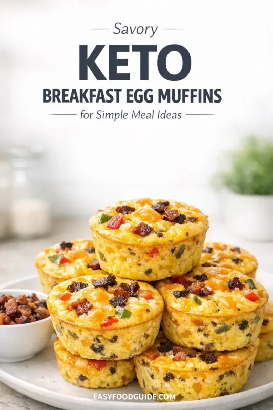 A stack of colorful savory keto breakfast egg muffins with vegetables and bacon bits on a plate. A small bowl of bacon sits beside them on a light background.