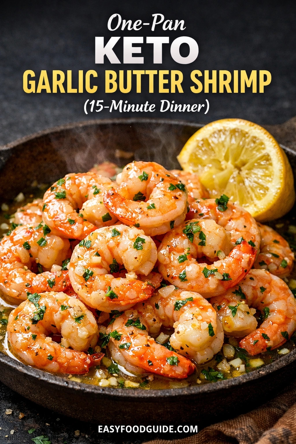 A close-up photograph of a cast-iron skillet filled with cooked garlic butter shrimp. Large, curled pink shrimp are coated in a buttery sauce with minced garlic and parsley, and are steaming. A lemon half sits in the upper right. Text above reads "One-Pan KETO GARLIC BUTTER SHRIMP (15-Minute Dinner)" with a small website URL, EASYFOODGUIDE.COM, at the bottom.