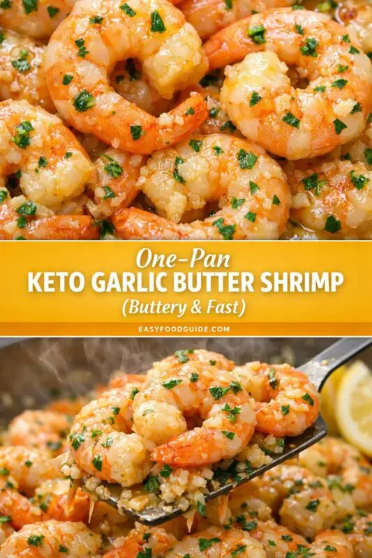 A composite image with two food photographs and a central text block. The top and bottom photos show succulent, cooked pink shrimp in a rich, buttery garlic sauce and garnished with fresh parsley. The bottom photo shows shrimp being lifted from a steaming pan with a spatula, with blurred lemon slices in the background. The middle yellow panel contains bold text: "One-Pan KETO GARLIC BUTTER SHRIMP (Buttery & Fast)", with the website EASYFOODGUIDE.COM below it.