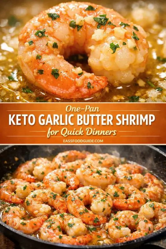 A composite recipe image. The top half is a macro close-up of a single glistening tail-on shrimp in garlic herb butter. An orange banner in the center has text: "One-Pan", "KETO GARLIC BUTTER SHRIMP", "- for Quick Dinners -", and the URL "EASSFOODGUIDE.COM". The bottom half shows a cast-iron skillet full of steaming shrimp simmering in the same sauce.