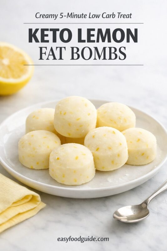 Plate of round, creamy keto lemon fat bombs on a marble surface. A cut lemon and yellow napkin sit nearby. Text reads "Keto Lemon Fat Bombs."
