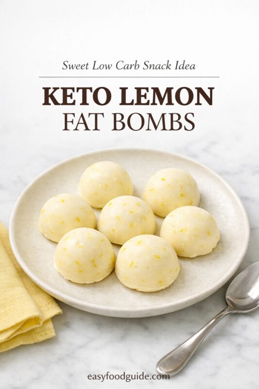 Seven creamy lemon fat bombs arranged on a white plate; the backdrop is a soft marble surface, with a yellow napkin and spoon nearby, conveying freshness.