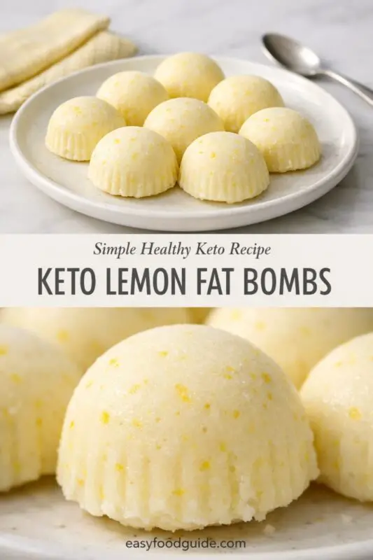 Plate of eight pale yellow keto lemon fat bombs on a white plate with a spoon and beige napkin in the background, conveying simplicity and freshness.