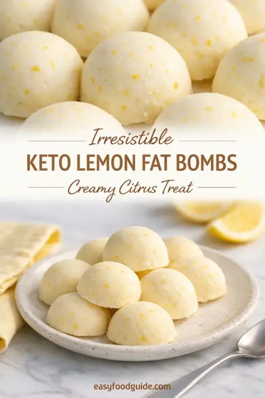 Round lemon fat bombs on a speckled plate with text overlay: "Irresistible Keto Lemon Fat Bombs - Creamy Citrus Treat." Soft, bright, and enticing.