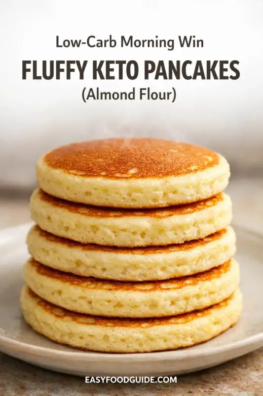 A photograph of a tall stack of four golden-brown, porous, and steaming keto pancakes on a light-colored ceramic plate. Text above states 'Low-Carb Morning Win', 'FLUFFY KETO PANCAKES', and '(Almond Flour)'. The website URL 'EASYFOODGUIDE.COM' is at the bottom.