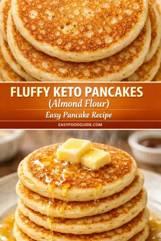 A vertical promotional image with two panels. The top is a deep orange banner with large white and copper text that reads: "FLUFFY KETO PANCAKES (Almond Flour) Easy Pancake Recipe," over a textured background of golden pancakes, with the URL "EASYFOODGUIDE.COM" below. The bottom is a detailed close-up photograph of a stack of five golden-brown, fluffy keto pancakes on a white plate, topped with two cubes of melting butter and glistening syrup that drizzles down the sides, set on a blurred wooden table with small bowls.