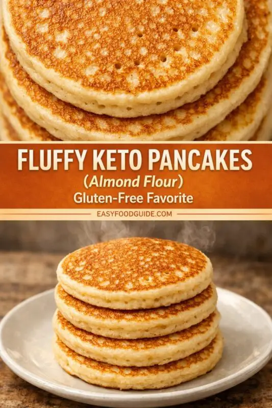 A two-part Pinterest-style graphic. The top is a detailed close-up of textured pancakes. An orange horizontal banner in the middle features large white text reading "FLUFFY KETO PANCAKES", "(Almond Flour)", and "Gluten-Free Favorite", with "EASYFOODGUIDE.COM" below. The bottom section shows a complete stack of six thick, golden-brown keto pancakes on a white plate, with wisps of steam rising, set against a blurred rustic wooden background.