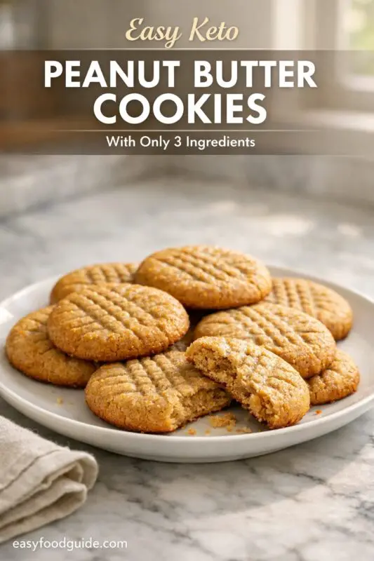 Plate of golden keto peanut butter cookies with crisscross pattern, one partially eaten. Text reads, "Easy Keto Peanut Butter Cookies, Only 3 Ingredients."