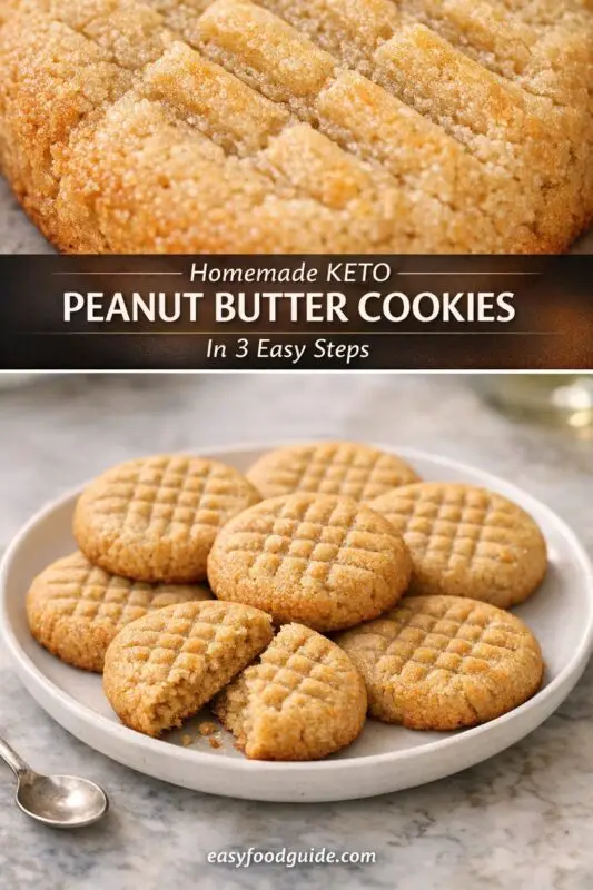 Close-up of golden-brown, crisscrossed peanut butter cookies on a plate, showcasing texture. Text reads "Homemade Keto Peanut Butter Cookies in 3 Easy Steps."
