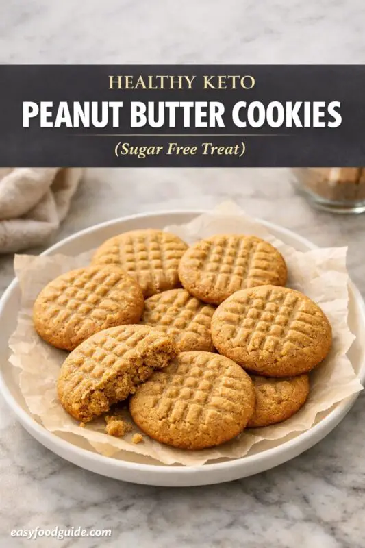 Plate of keto peanut butter cookies on parchment paper, with one cookie partly eaten. The mood is warm and inviting; text reads "Healthy Keto Peanut Butter Cookies (Sugar Free Treat)."