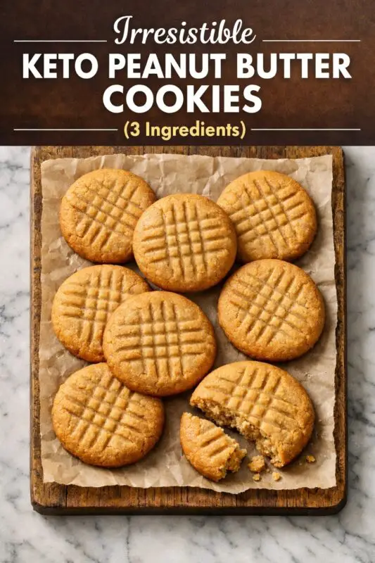 Alt text: "A wooden tray holds nine golden keto peanut butter cookies on parchment paper. One cookie is broken, showing a crumbly texture. Text above reads: 'Irresistible Keto Peanut Butter Cookies (3 Ingredients).' The setting conveys a homemade, inviting feel."