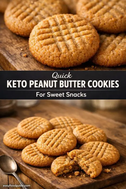 Alt text: "Close-up of golden-brown keto peanut butter cookies, each with a crisscross pattern, on a wooden board. Text overlay reads 'Quick Keto Peanut Butter Cookies for Sweet Snacks.'"