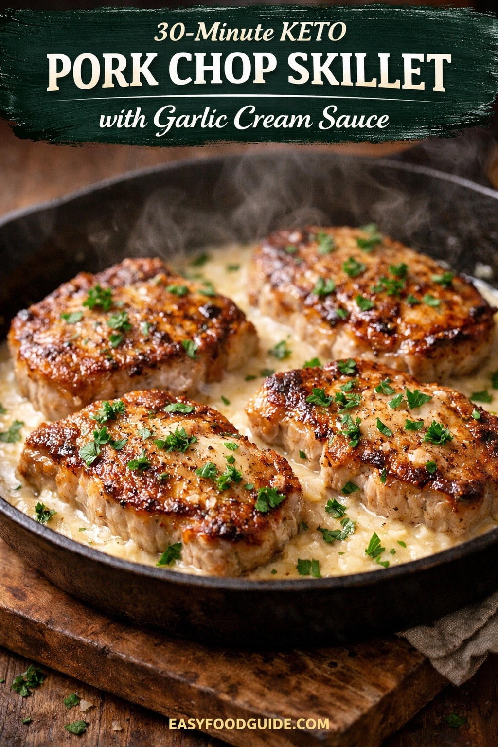 A steaming black cast iron skillet holds four seared pork chops in a rich garlic cream sauce, garnished with fresh parsley. The title '30-Minute KETO PORK CHOP SKILLET with Garlic Cream Sauce' appears at the top. The skillet rests on a rustic wooden board. 'EASYFOODGUIDE.COM' is at the bottom.