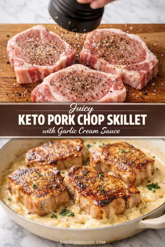 A food recipe pin image for a 'Juicy Keto Pork Chop Skillet with Garlic Cream Sauce'. The top section shows a hand grinding pepper onto three raw pork chops on a wooden board. The central dark banner reads 'Juicy KETO PORK CHOP SKILLET with Garlic Cream Sauce'. The bottom section displays the finished dish: four golden-seared pork chops resting in a creamy garlic sauce within a white skillet, garnished with fresh herbs. The bottom edge has 'EASYFOODGUIDE.COM' text.