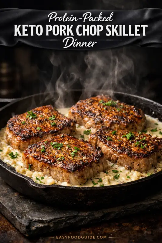 A close-up photograph of a cast-iron skillet containing four thick, seasoned, pan-seared pork chops in a creamy white sauce. The pork chops are garnished with fresh herbs, and visible steam rises from the hot food. The skillet rests on a rustic dark surface. Above the skillet, a dark overlay features white text that reads 'Protein-Packed KETO PORK CHOP SKILLET Dinner'. The URL 'EASYFOODGUIDE.COM' is at the bottom center.