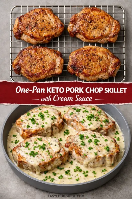 A three-part food image for a 'One-Pan Keto Pork Chop Skillet with Cream Sauce' recipe. The top section shows four golden-brown seared pork chops resting on a wire cooling rack. Below is a red banner with white title text. The bottom section features four pork chops submerged in a rich, creamy sauce inside a grey skillet, all topped with grated cheese and fresh parsley. The website 'EASYFOODGUIDE.COM' is visible at the very bottom.
