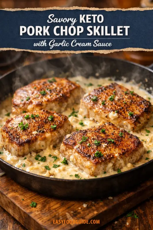 A photograph of a cast-iron skillet containing four seared pork chops simmering in a creamy garlic sauce, garnished with parsley. Steam is rising from the dish. A textured text header above the pan reads 'Savory KETO PORK CHOP SKILLET with Garlic Cream Sauce'. The website URL 'EASYFOODGUIDE.COM' is at the bottom.