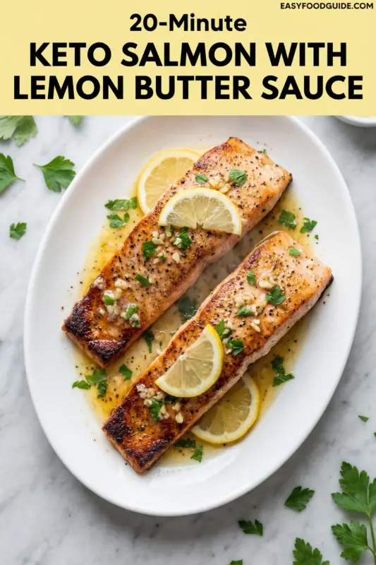 An overhead photograph of a plated food dish. A title section at the top on a light yellow background reads: "20-Minute KETO SALMON WITH LEMON BUTTER SAUCE", with "EASYFOODGUIDE.COM" in the corner. Below, a white oval plate on a marble surface holds two large, pan-seared salmon fillets. The fillets are topped with lemon slices, minced garlic, and fresh parsley, all bathed in a rich, golden lemon butter sauce. Scattered parsley sprigs surround the plate.