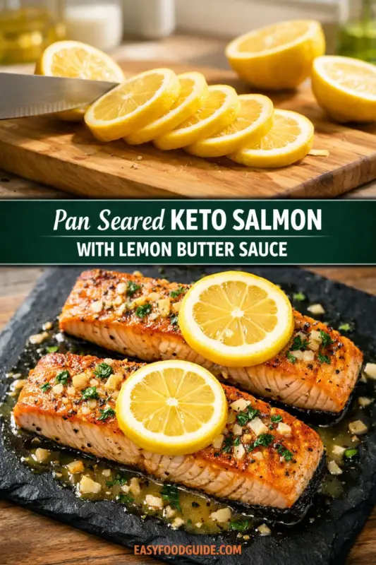 keto-salmon-lemon-butter-sauce-2 A composite food photo for a keto salmon recipe. The top shows a chef's knife slicing lemons on a wooden board. Below a banner reading "Pan Seared KETO SALMON WITH LEMON BUTTER SAUCE", two golden-brown pan-seared salmon fillets with lemon slices are plated on black slate, resting in a pool of sauce and herbs. Text "EASYFOODGUIDE.COM" is at the bottom.