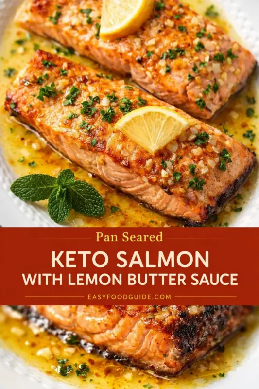 keto-salmon-lemon-butter-sauce-4 A recipe infographic for Pan Seared Keto Salmon. The top shows two cooked salmon fillets in a lemon butter sauce, garnished with lemon wedges, minced garlic, and parsley. Center text reads: 'Pan Seared KETO SALMON WITH LEMON BUTTER SAUCE' and 'EASYFOODGUIDE.COM'. The bottom shows a close-up of a seared salmon fillet with crispy skin.
