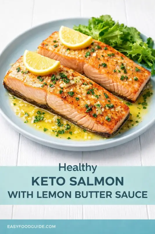 keto-salmon-lemon-butter-sauce-5 Two golden-brown pan-seared salmon fillets with crispy skin are presented on a light blue plate, bathed in a rich, herbed lemon butter sauce with flecks of garlic and parsley. Each fillet is topped with a lemon wedge. A small pile of fresh green salad is to the side. Below the plate is a teal-colored text box with dark blue text that reads: 'Healthy KETO SALMON WITH LEMON BUTTER SAUCE' and 'EASYFOODGUIDE.COM' along the bottom edge.