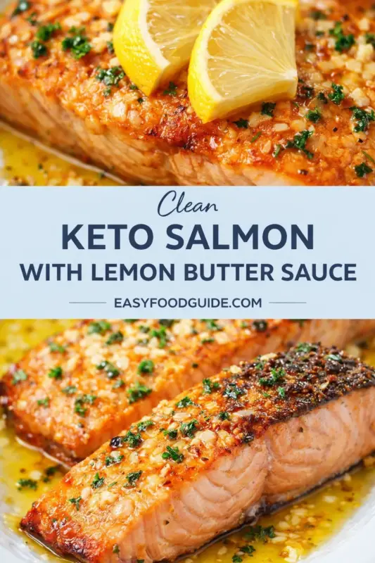 keto-salmon-lemon-butter-sauce-6 A split-panel food graphic featuring two photos and text. The top panel is a close-up of a baked salmon fillet topped with garlic, parsley, and two lemon wedges. The middle text box, on a light blue background, reads "Clean KETO SALMON WITH LEMON BUTTER SAUCE" in dark blue text, with the website "EASYFOODGUIDE.COM" below. The bottom panel shows a slightly wider view of two baked salmon fillets in a shallow pool of golden lemon butter sauce.