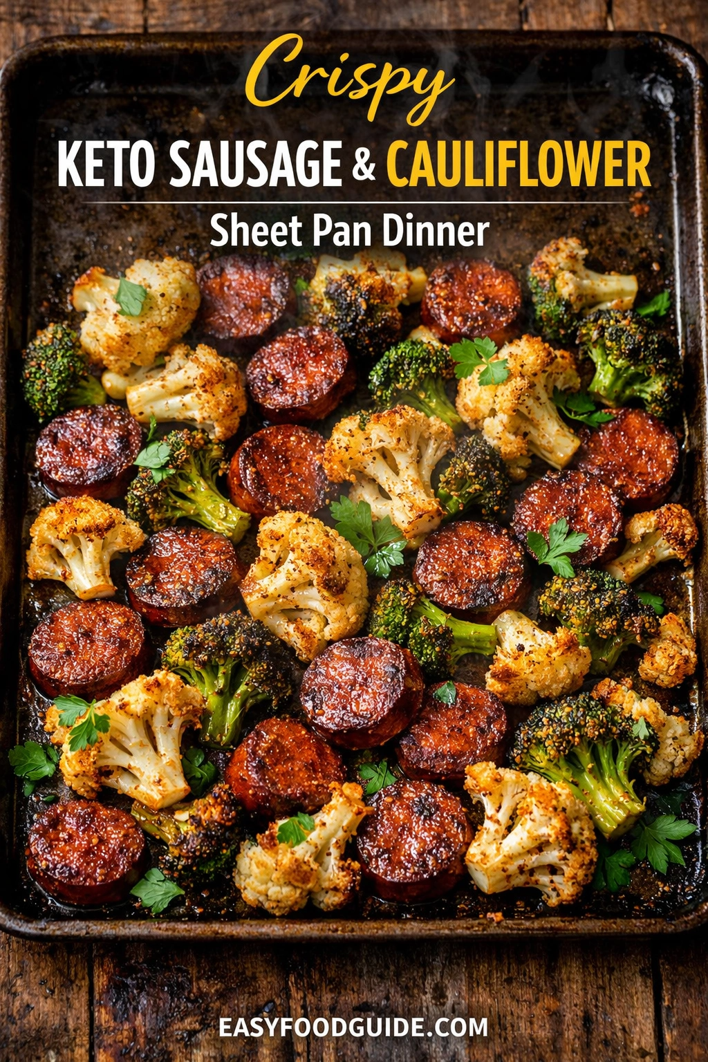 A top-down photograph of a dark, aged metal sheet pan filled with caramelized, roasted sausage slices, golden-brown cauliflower florets, and scattered broccoli, garnished with fresh parsley. The text "Crispy KETO SAUSAGE & CAULIFLOWER Sheet Pan Dinner" is featured prominently at the top in white and yellow font. At the bottom center, the website "EASYFOODGUIDE.COM" is visible. The scene is set on a dark wooden surface.