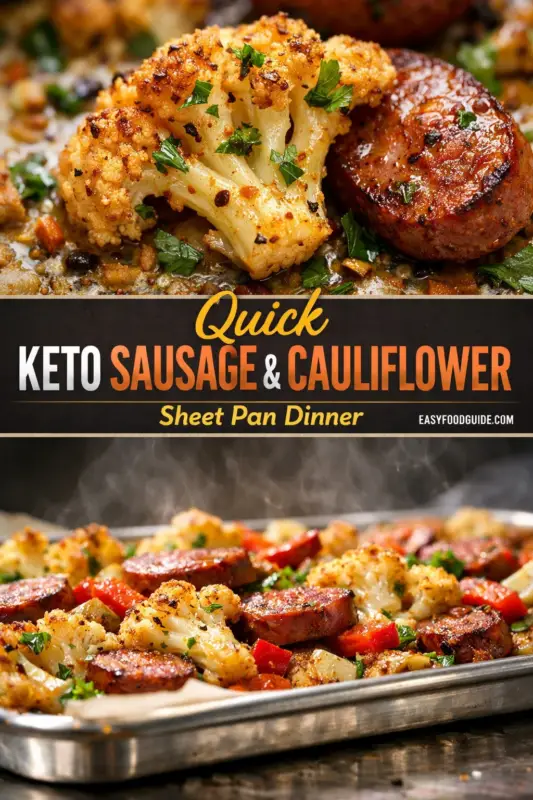 A composite image with three horizontal sections. The top shows a close-up of roasted, seasoned cauliflower florets and thick sausage slices garnished with parsley. The middle is a dark text banner with the title: 'Quick KETO SAUSAGE & CAULIFLOWER Sheet Pan Dinner', and the URL EASYFOODGUIDE.COM. The bottom section shows a steaming metal sheet pan filled with the roasted sausage, cauliflower, and red bell pepper chunks.