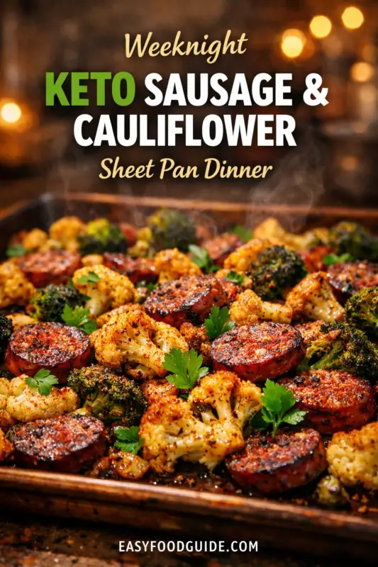 A rustic, metal sheet pan filled with browned, roasted sausage slices and cauliflower florets, steaming and garnished with fresh parsley. The pan sits on a dark wood surface. Prominent text at the top reads: 'Weeknight KETO SAUSAGE & CAULIFLOWER Sheet Pan Dinner'. Text at the bottom center reads: 'EASYFOODGUIDE.COM'. The background is dark with warm, blurry bokeh lights.
