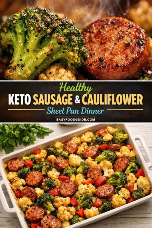 A composite image. The top shows a close-up of a steaming seared sausage slice and a roasted broccoli floret. The center features green and white text on a dark bar: 'Healthy KETO SAUSAGE & CAULIFLOWER Sheet Pan Dinner', with 'EASYFOODGUIDE.COM'. The bottom is a wide shot of the steaming roasted dinner—sausage, cauliflower, broccoli, and red peppers—in a white baking dish on a wooden surface, with a bunch of fresh parsley.