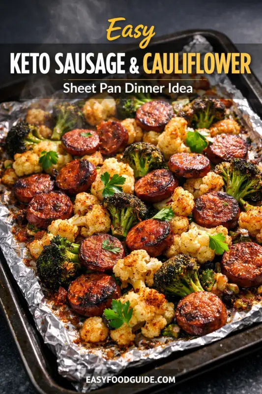 A photograph of a steaming roasted dinner of seared sausage, broccoli, and cauliflower florets on an aluminum foil-lined sheet pan, garnished with parsley. Top text, featuring the yellow cursive word 'Easy', reads: 'Easy KETO SAUSAGE & CAULIFLOWER Sheet Pan Dinner Idea'. 'EASYFOODGUIDE.COM' is at the bottom center.