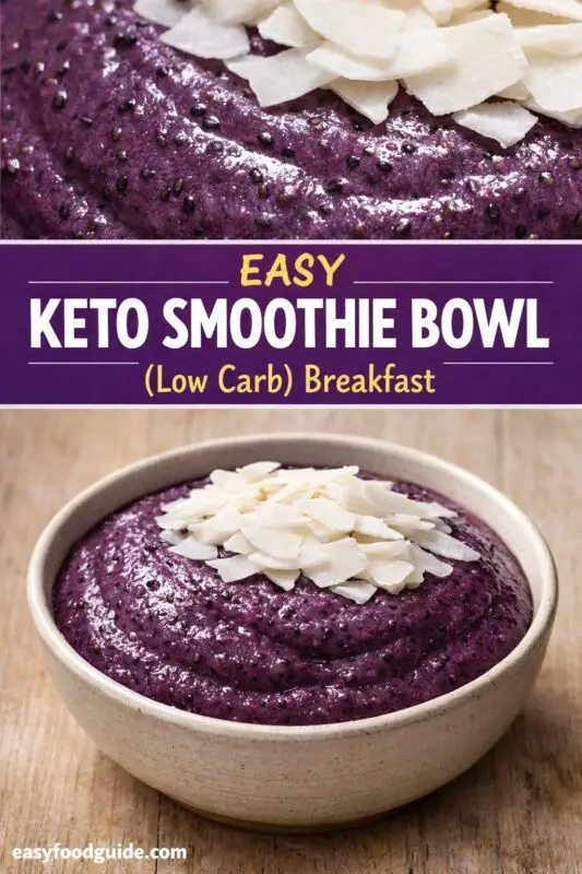Close-up of a rich, purple keto smoothie bowl topped with coconut flakes. Text reads "Easy Keto Smoothie Bowl (Low Carb) Breakfast."