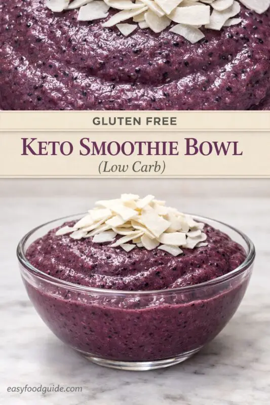 A glass bowl filled with a thick purple smoothie topped with coconut flakes sits on a marble surface. The text reads, "Gluten Free Keto Smoothie Bowl (Low Carb)."