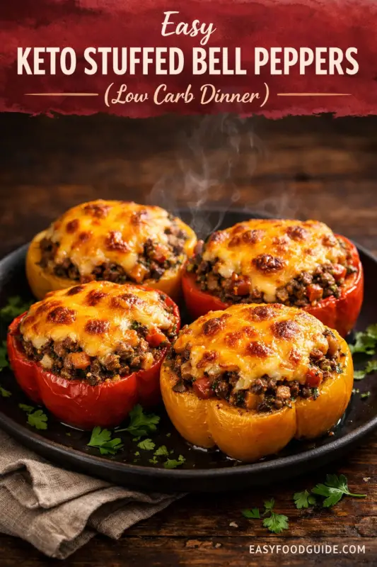 A vertical food photograph featuring four meat-and-cheese stuffed bell peppers (two red and two yellow) in a steaming, hot cast iron skillet on a dark wood table. They are topped with bubbly melted cheese and parsley. A beige linen napkin is next to the handle. At the top, a dark red banner reads: "Easy KETO STUFFED BELL PEPPERS (Low Carb Dinner)". The website "EASYFOODGUIDE.COM" is in small text at the bottom right.