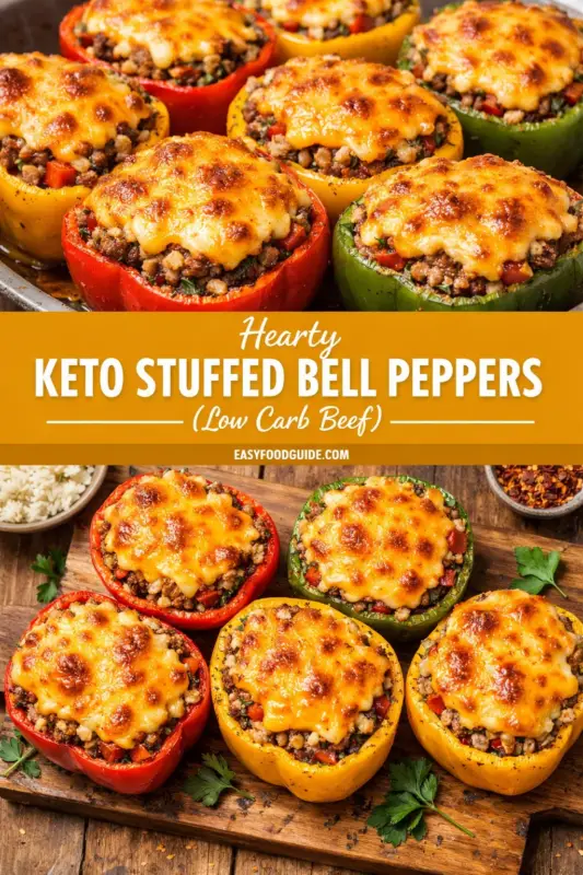 A vertical composite food graphic. The top part shows a metal baking pan with many roasted red, yellow, and green keto stuffed bell peppers topped with melted cheese. The middle features an ochre-orange banner with text: 'Hearty KETO STUFFED BELL PEPPERS' in bold, with the subtext '(Low Carb Beef)' below. 'EASYFOODGUIDE.COM' is at the bottom. The lower portion presents six mixed stuffed peppers arranged on a rustic wooden board, garnished with parsley, a bowl of cauliflower rice, and red pepper flakes.