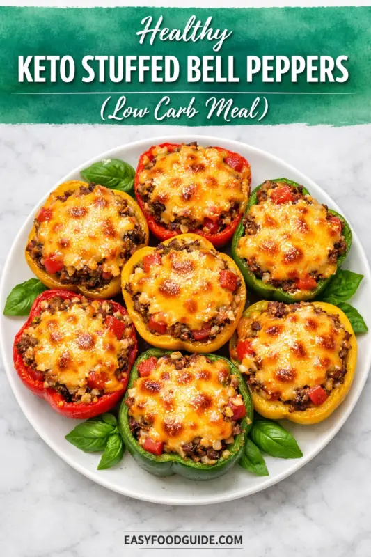 A top-down photograph of seven colourful keto stuffed bell peppers (red, yellow, green) on a white plate, filled with a meat-and-vegetable mixture and topped with melted, browned cheese. Garnished with fresh basil, it sits on a marble surface. At the top, a teal banner reads, "Healthy KETO STUFFED BELL PEPPERS (Low Carb Meal)". At the bottom, the website URL "EASYFOODGUIDE.COM".