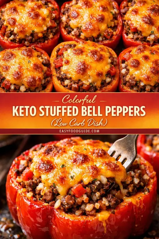 A top-down photograph on a light marble surface showing a white plate filled with seven colorful stuffed bell peppers. The peppers are red, yellow, and green, filled with a hearty ground meat, tomato, and rice mixture, and topped with a golden-brown baked cheese and fresh basil leaves. Above the plate, a teal banner displays text: "Healthy KETO STUFFED BELL PEPPERS (Low Carb Meal)". At the bottom center, the website "EASYFOODGUIDE.COM" is written.