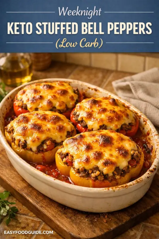 A top-down photograph on a light marble surface showing a white plate filled with seven colorful stuffed bell peppers. The peppers are red, yellow, and green, filled with a hearty ground meat, tomato, and rice mixture, and topped with a golden-brown baked cheese and fresh basil leaves. Above the plate, a teal banner displays text: "Healthy KETO STUFFED BELL PEPPERS (Low Carb Meal)". At the bottom center, the website "EASYFOODGUIDE.COM" is written.