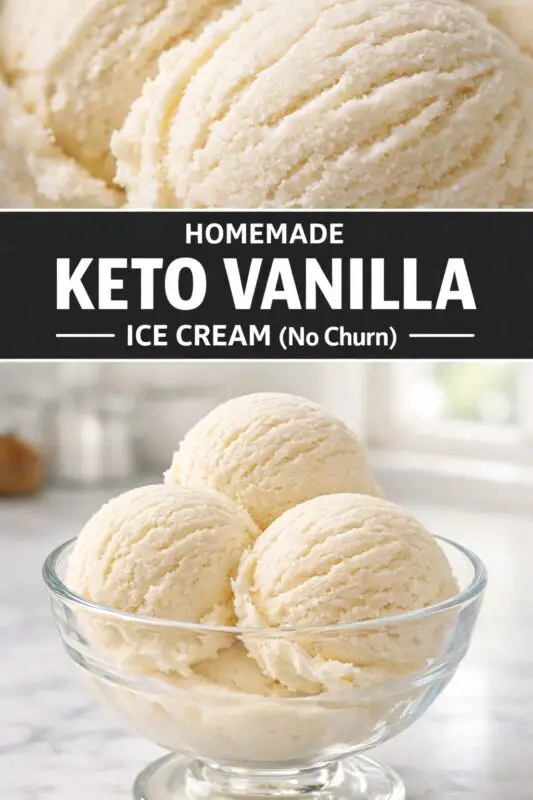 Three scoops of creamy keto vanilla ice cream are served in a glass bowl. The image has a text overlay stating "Homemade Keto Vanilla Ice Cream (No Churn)."