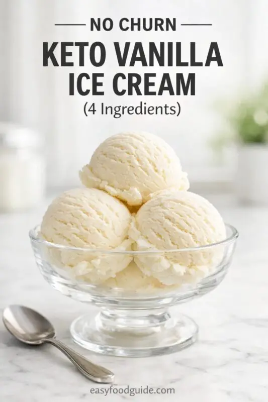 Three scoops of creamy vanilla ice cream sit in a clear glass bowl on a marble surface. Text above reads "No Churn Keto Vanilla Ice Cream (4 Ingredients)." A spoon lies beside the bowl. The scene conveys simplicity and indulgence.