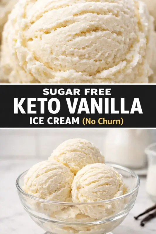 Close-up of scoops of creamy, sugar-free keto vanilla ice cream in a glass bowl. Text overlay reads "Sugar Free Keto Vanilla Ice Cream (No Churn)."