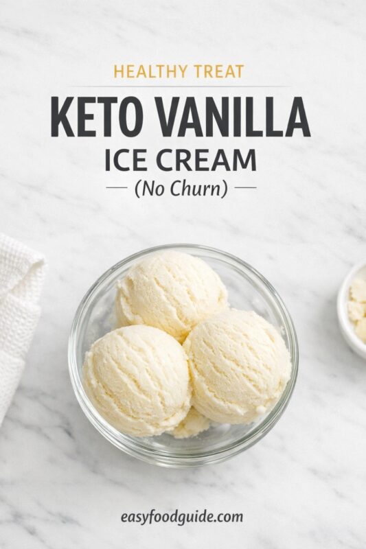 Bowl of three creamy vanilla ice cream scoops on a marble surface; text reads "Healthy Treat Keto Vanilla Ice Cream (No Churn)." Calm, inviting tone.