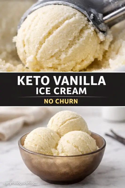 Close-up of a scoop of creamy keto vanilla ice cream being served, with text overlay "Keto Vanilla Ice Cream No Churn." Below, a bowl with three scoops on a light surface.